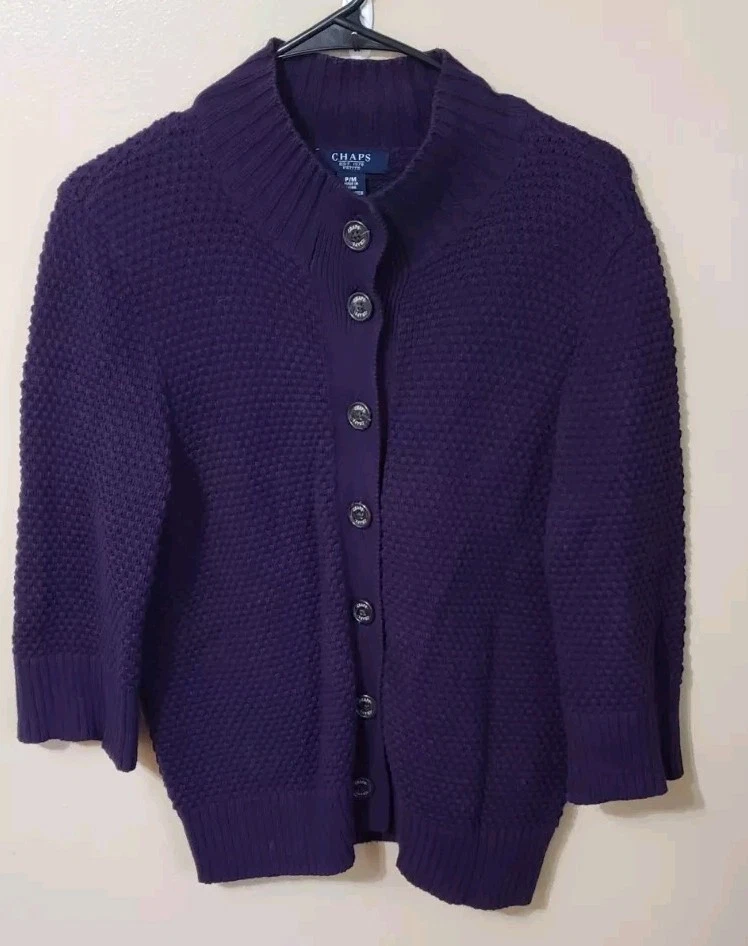 Pull Chaps Femme Petite Taille P/M Violet - 100% Coton, Manches Longues, Motif Cable Knit