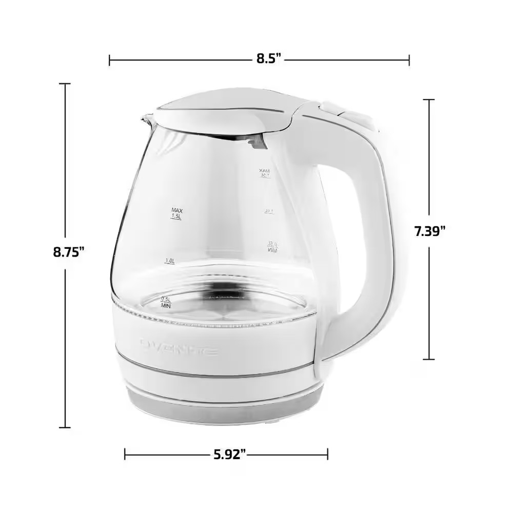 OVENTE Illuminated 6.5-Cup White Electric Kettle with Filter & Auto-Shut Off Fea