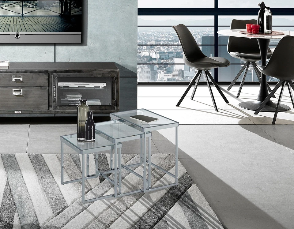 SET 3 TAVOLINI KANY PIANO CON VETRO TRASPARENTE BASE IN ACCIAIO ORESTELUCHETTA - Immagine 3 di 3