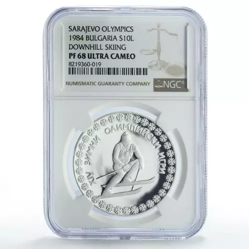 Bulgaria 10 leva Winter Olympic Games Downhill Skier PF68 NGC silver coin 1984