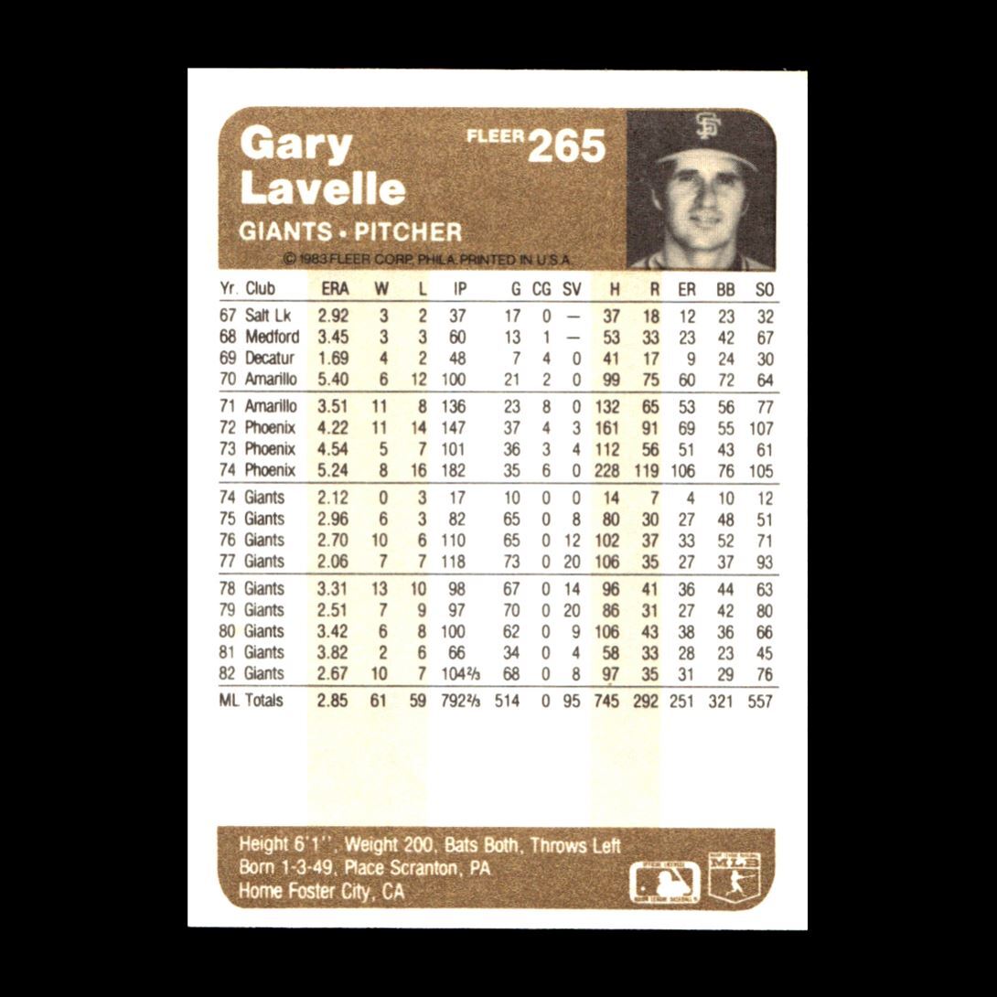 Gary Lavelle 1983 Fleer San Francisco Giants #265 NM Vintage! | eBay