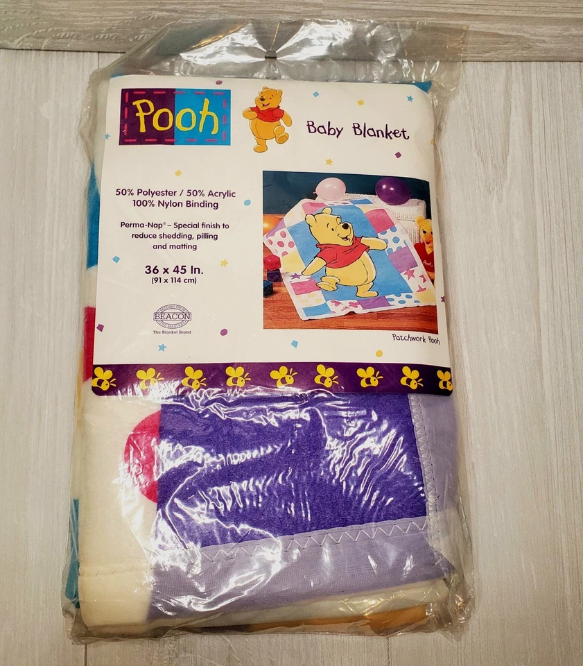 Manta bebé vintage 36x45” años 90 Beacon Winnie the Pooh retazos acrílico nueva de stock Foto 3 de 4