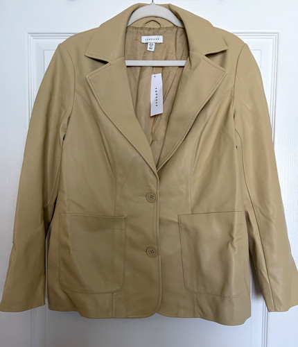 Topshop Beige Button Front Blazer Jacket, Collared Pockets Lined, Women US 6