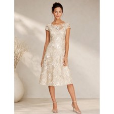 Alex Evenings Womens Champagne Floral Sequin Mother of the Bride Dress Size 16