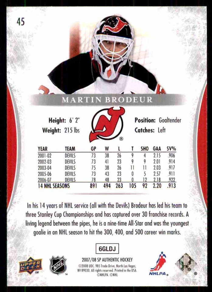 2007-08 SP AUTHENTIC MARTIN BRODEUR #45 - Image 2 of 2