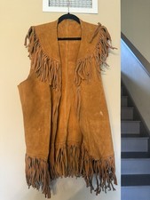 True Vintage Handmade Real Leather Western Fringe Light Brown Leather Vest M/L