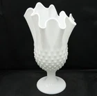 Vintage Fenton Milk Glass Hobnail Handkerchief Swung Vase Stamped 9"