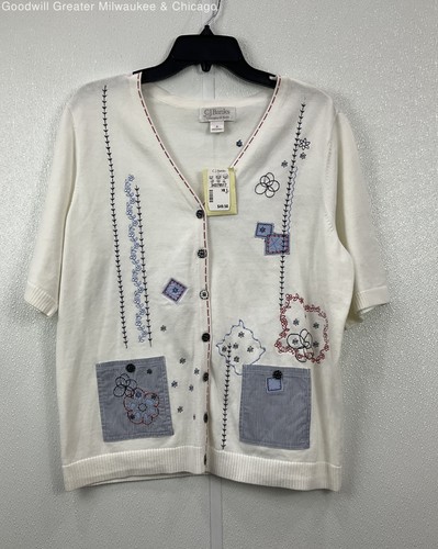 NWT CJ Banks White Floral Stitched Short Sleeve Cardigan Women's SZ X