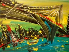 NEW YORK BRIDGE Oil Painting   abstract SIGNED  Original on canvas TEXTURED