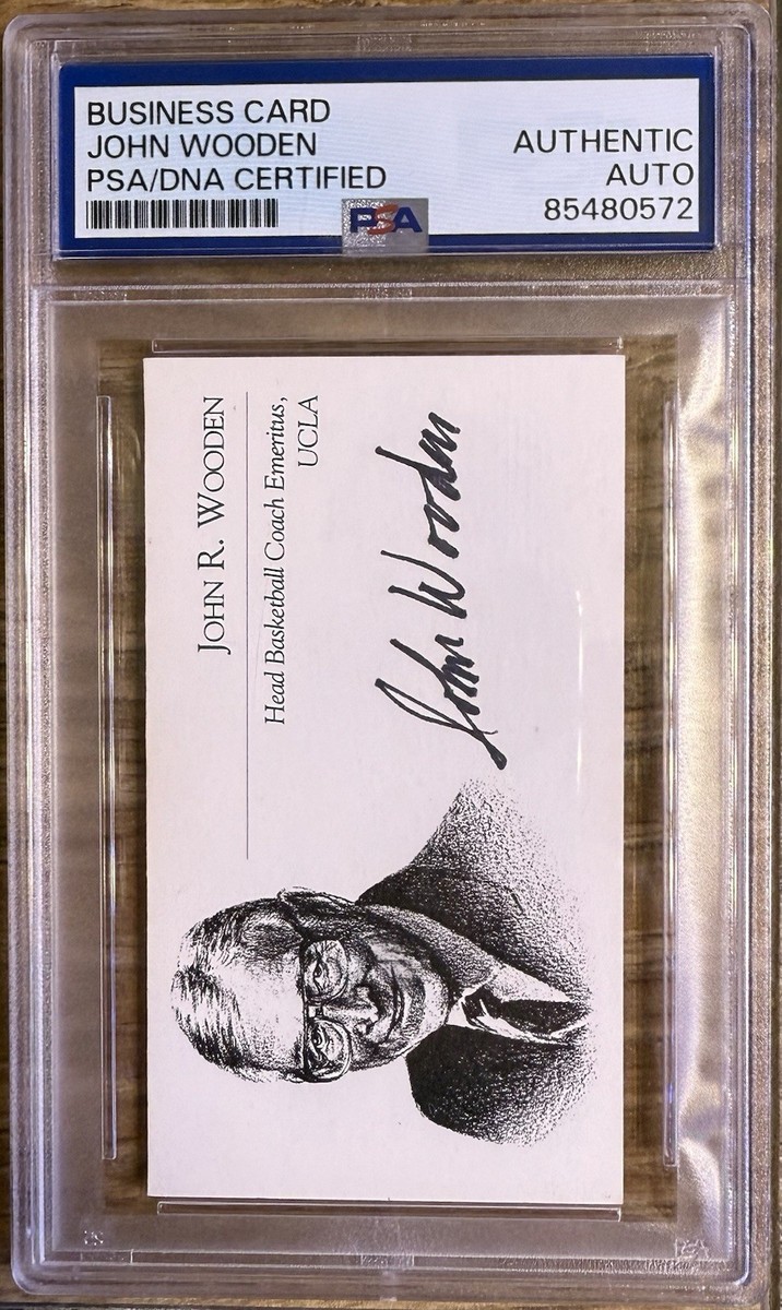 COACH JOHN WOODEN SIGNED BUSINESS CARD H/C UCLA BRUINS PSA