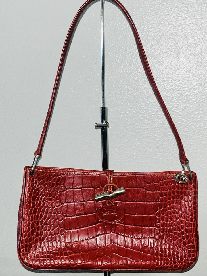 罕见 Longchamp 红色 Roseau 水饺包 Croc 皮革蝴蝶衬里单肩包 法国 — 第 2/4 张图片