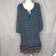 As U Wish Women's Dress Large  Boho Southwest Casual Teal Navy 