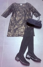 BLACK BUNDLE SIZE 14 MONSOON LACE DRESS THIGH HIGH BOOTS SIZE 8 & SUEDE BAG 