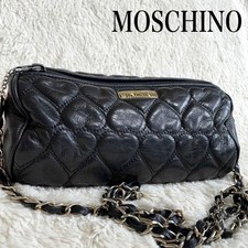 MOSCHINO Shoulder bag Black Leather Gold chain Quilted Heart Cylindrical Handbag