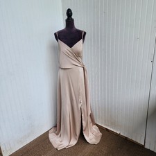 AW Bridal Satin Tank Straps Dress Champagne Formal Front Slit Size 10