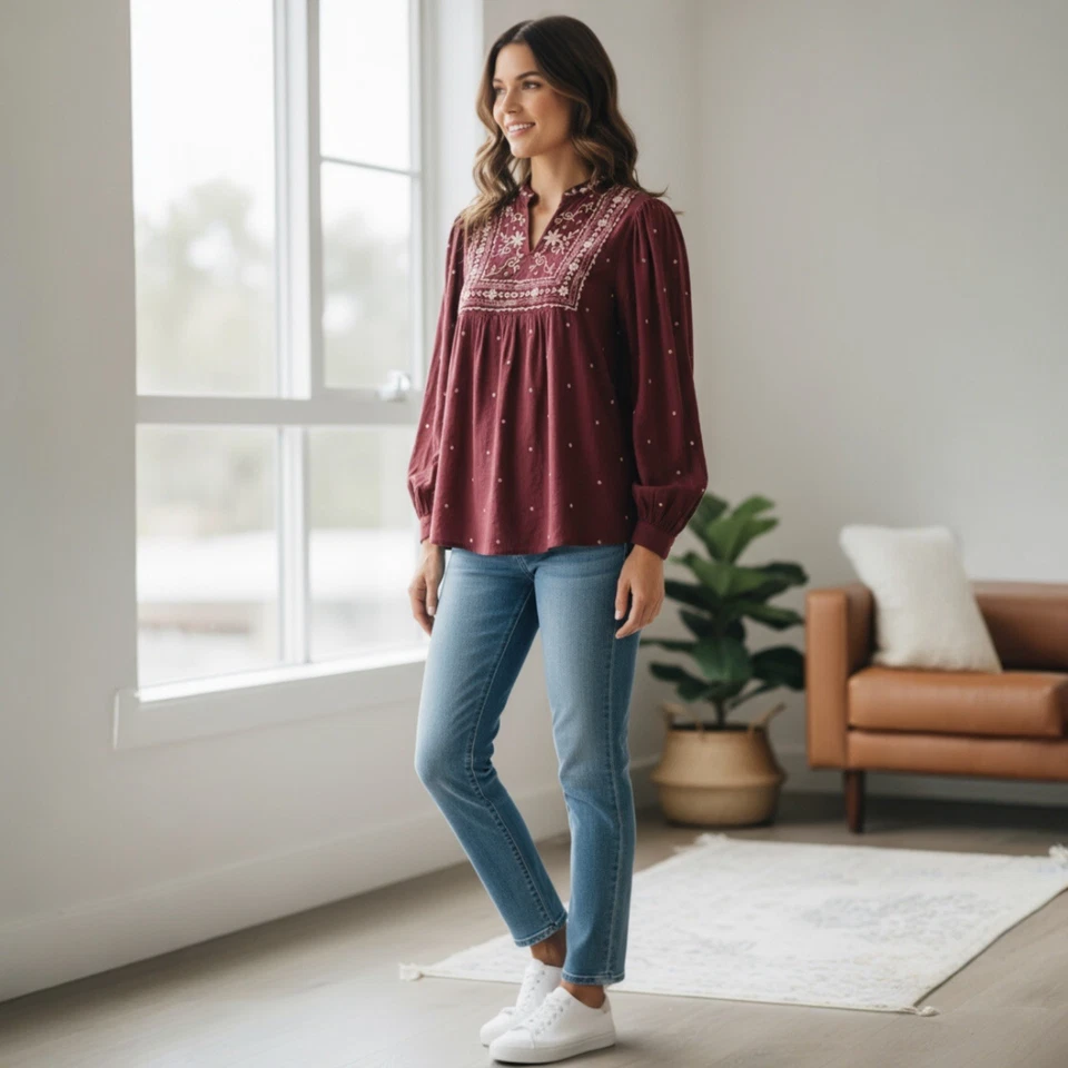 Monsoon Womens V-Neck Top Long Sleeve Relaxed Fit Gold Red Burgundy Size M UK - Image 4 of 4