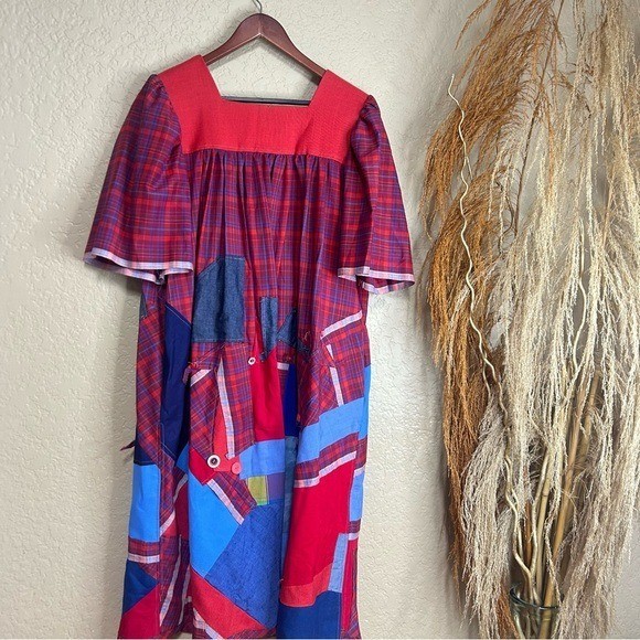 Handmade red patchwork plaid square neck midi dre… - image 8