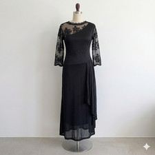 Vtg 80s Asymmetrical Maxi Dress Small Black Sheer Floral Lace Drop Waist Draped