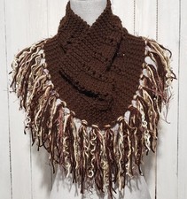 NEW Hand Knitted Brown Infinity Boho Cowl Scarf Fringe Artsy Indie Cottage