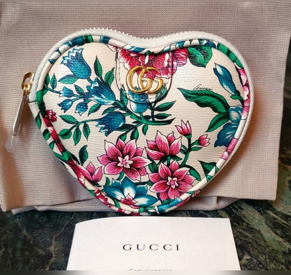 NEW GUCCI OPHIDIA LEATHER HEART FLORAL KEY CASE COIN PURSE BAG