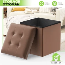 15 in Brown Foldable Storage Ottoman Foot Rest Stool Bench Chest w/Flipping Lid