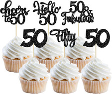 30Pcs Happy 50Th Birthday Cupcake Toppers Black Glitter Fifty Cheers to 50 Years
