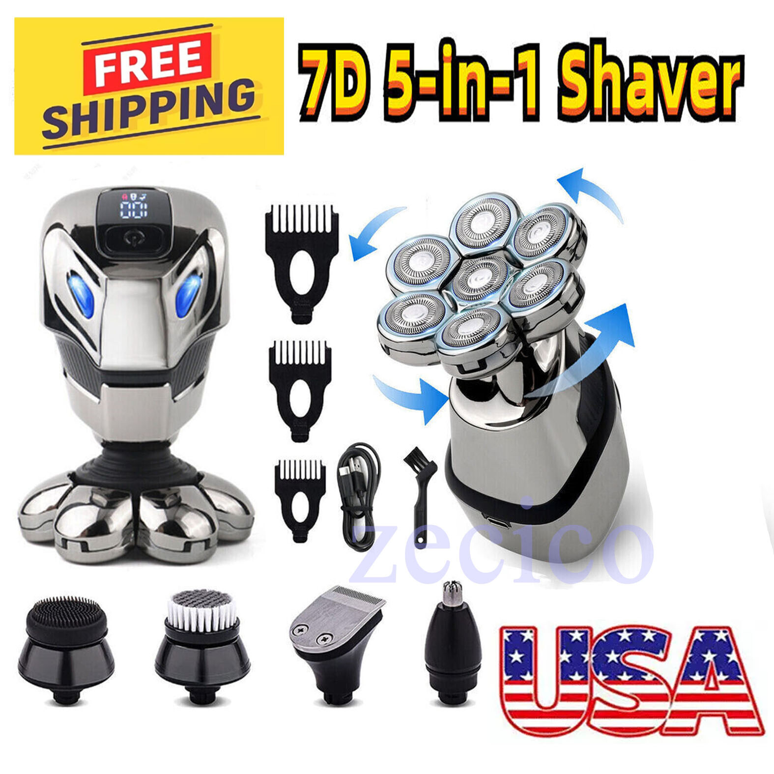 Wet/Dry Rechargeable 5IN1 7D Electric Razor Cordless Hair USB Trimmer Shaver Men