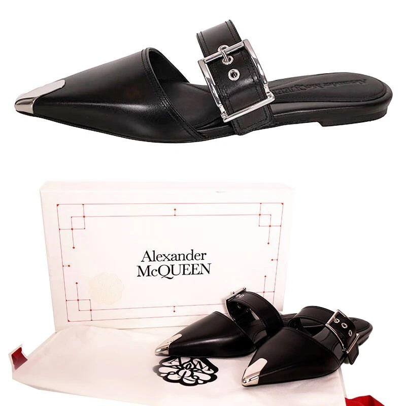 37 5 NUOVO $1050 ALEXANDER MCQUEEN pelle nera METAL POINT TOE muletto slipon PIATTI