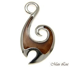 Koa Wood Hawaiian Ocean Wave Fish Hook Rhodium Silver Plated Brass Pendant Charm
