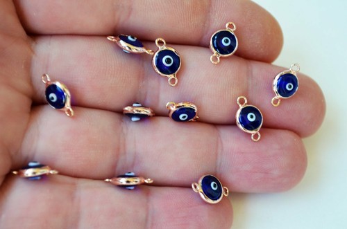 Set Of 10 Blue Evil Eye Charms, Bronze Plated Turkish Evil Eye Beads Connectors - Picture 3 of 5