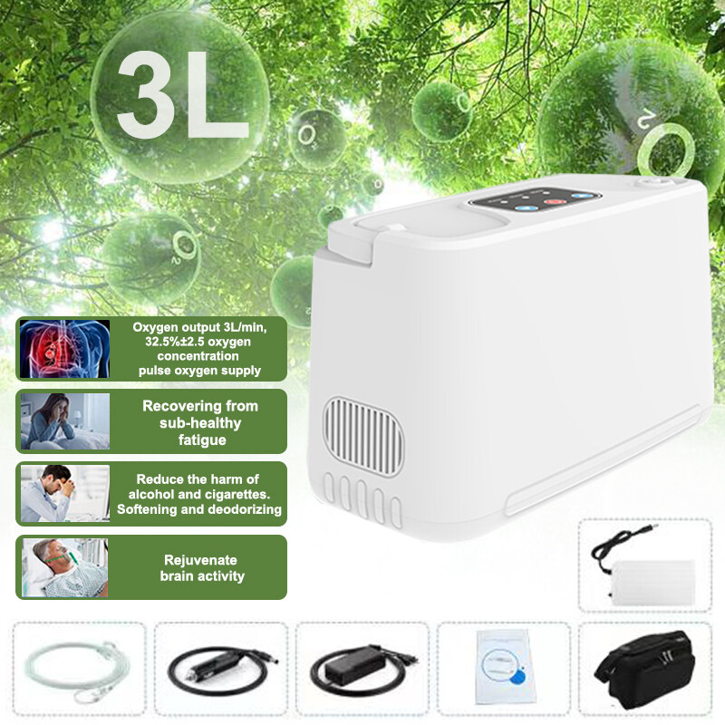 Concentrador de Oxígeno Portátil 3L/min + Kit Batería Recargable 2500MAh