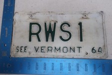 Vermont VT License Plate Tag Vanity 1964 64 Initials R W S 1 RWS1 #1