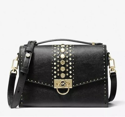   Michael Kors Hendrix Studded Leather Messenger Bag Black NWT     