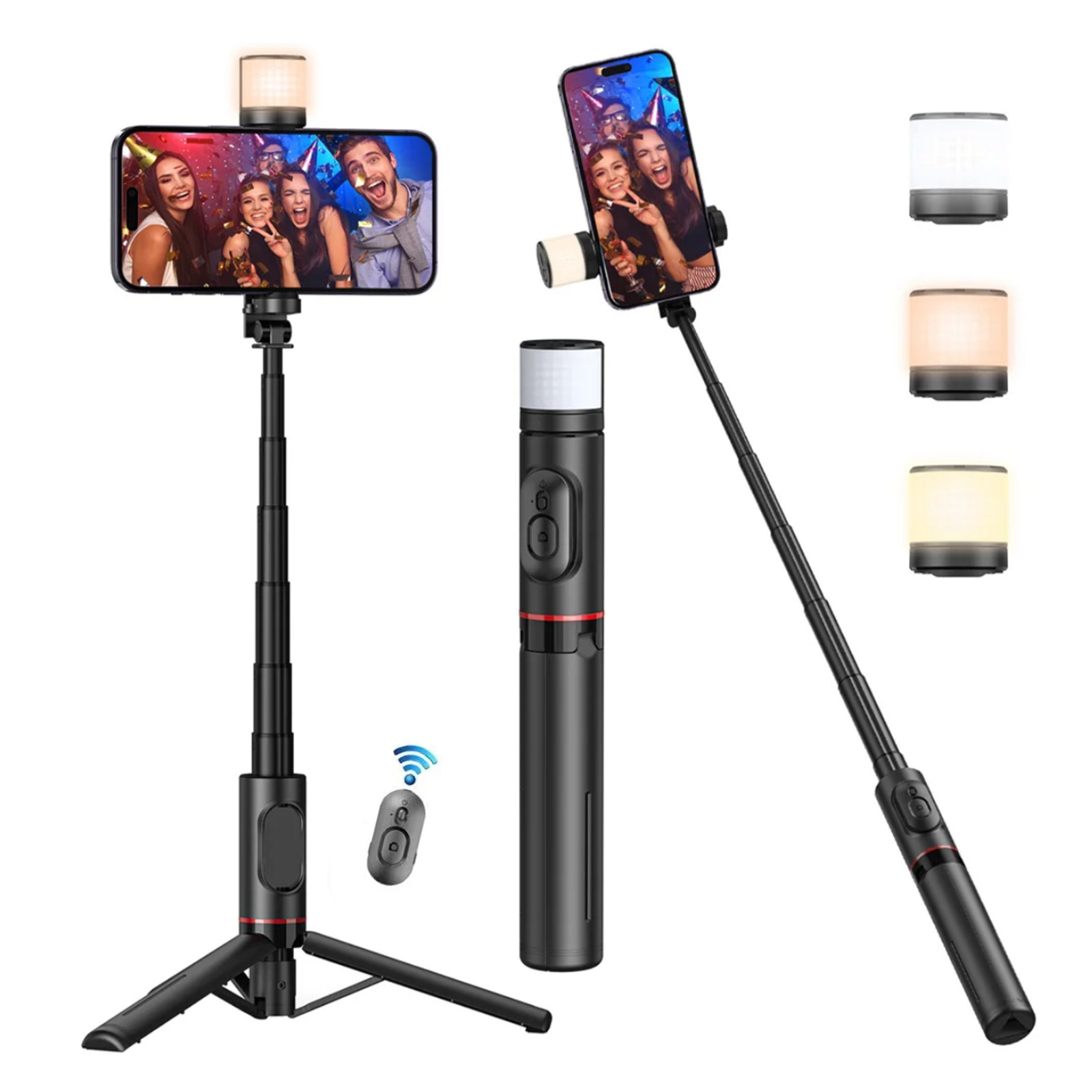 Trépied perche à selfie bluetooth Q12S avec télécommande amovible et lampe de soirée
