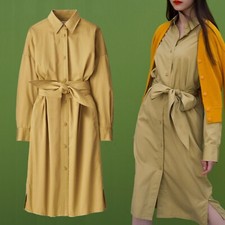 UNIQLO U Cotton Satin Long-Sleeve Shirt Dress in Beige Yellow Size Medium M