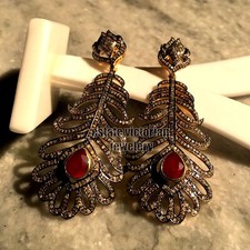 4.92ctw Rose Diamond Ruby Silver Stunning Vintage Style Feather Earring Jewelry