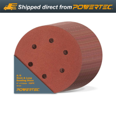 POWERTEC 45204-P4 6 Hole Hook and Loop Sanding Disc, 6-Inch, AO 40 Grit, 100 PK