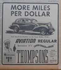 Large 1938 newspaper ad for Thompson's Aviation Fuel - More Miles Per Dollar