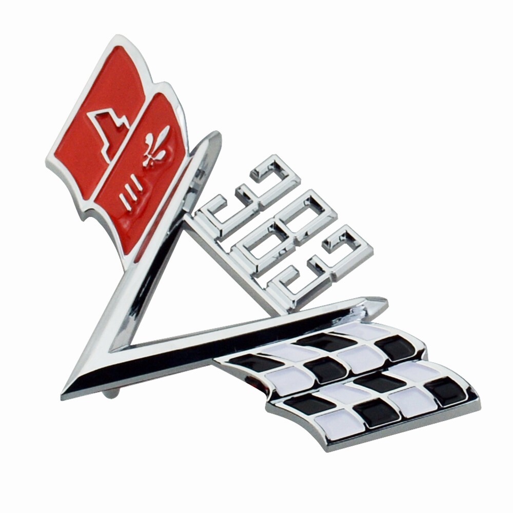 1Pc Fits 1960s Style 383 V Crossed Flag Emblem Fender Badge Silver