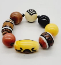 Yellow Beaded Stretch Bracelet Hand Painted Asymmetrical Retro Hippie Boho #2