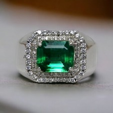Emerald Gemstone With 14K Solid White Gold Ring For Men's AL617