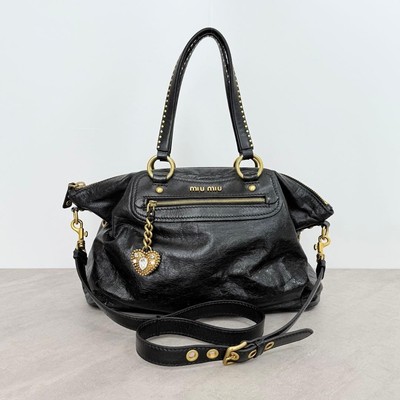 MIU MIU Black Leather 2Way Heart Charm Tote Bag with Studs and