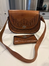 Vintage Hand Tooled Leather Shoulder Bag Matching Wallet
