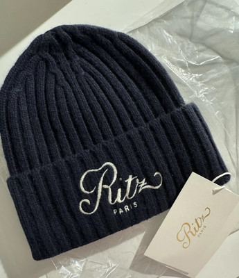 Frame x Ritz Paris New Embroidered Ribbed Cashmere Beanie Navy Blue 1pc