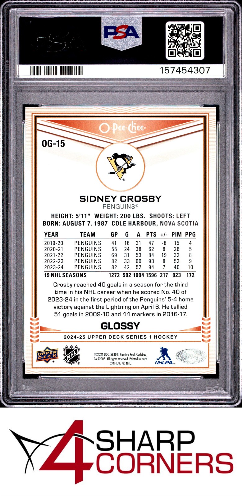 2024 UPPER DECK O-PEE-CHEE GLOSSY #OG15 SIDNEY CROSBY POP 4 PSA 9 view 2