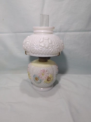 Vintage Consolidated Glass Cosmos Daisy  Milk Glass Miniature Oil Lamp