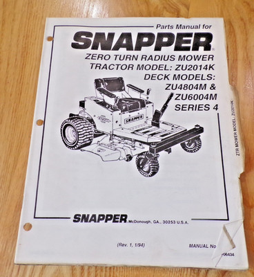 Snapper Zero Turn ZU2014K Series 4 Mower Parts Manual #06434