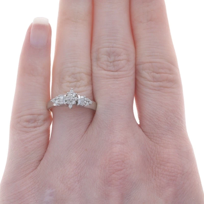 White Gold Diamond Cluster Engagement Ring - 10k Round & Baguette .20ctw - Image 2 of 4