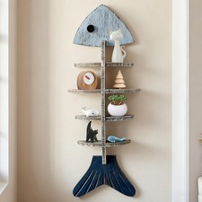 Wooden Fish Wall Shelf, Wood Fish Beach Decor Display Shelf, Nautical Coastal...