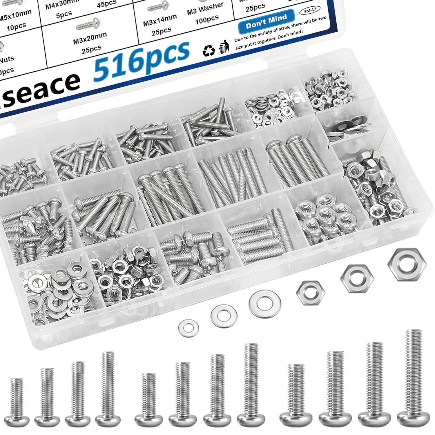 516Pcs Nuts and Bolts Assortment Kit 21-Sizes M3/M4/M5/M6 Nut Bolt Washer Assort